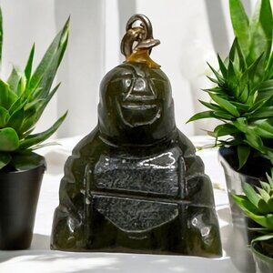Vintage Hand-Carved Green Jade Buddha Pendant With Gold-Tone Bail